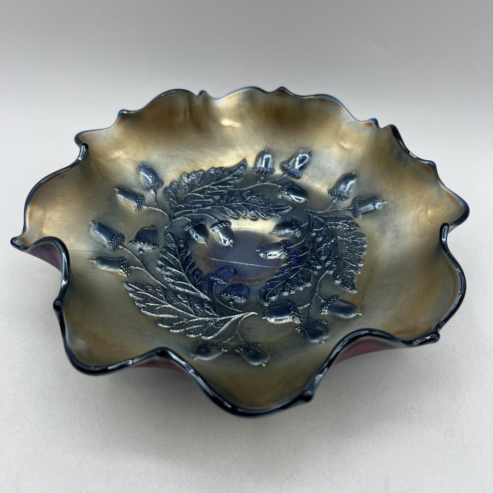 Antique Fenton Cobalt Blue Iridescent Carnival Glass Acorn Ruffled Bowl Dish 8"